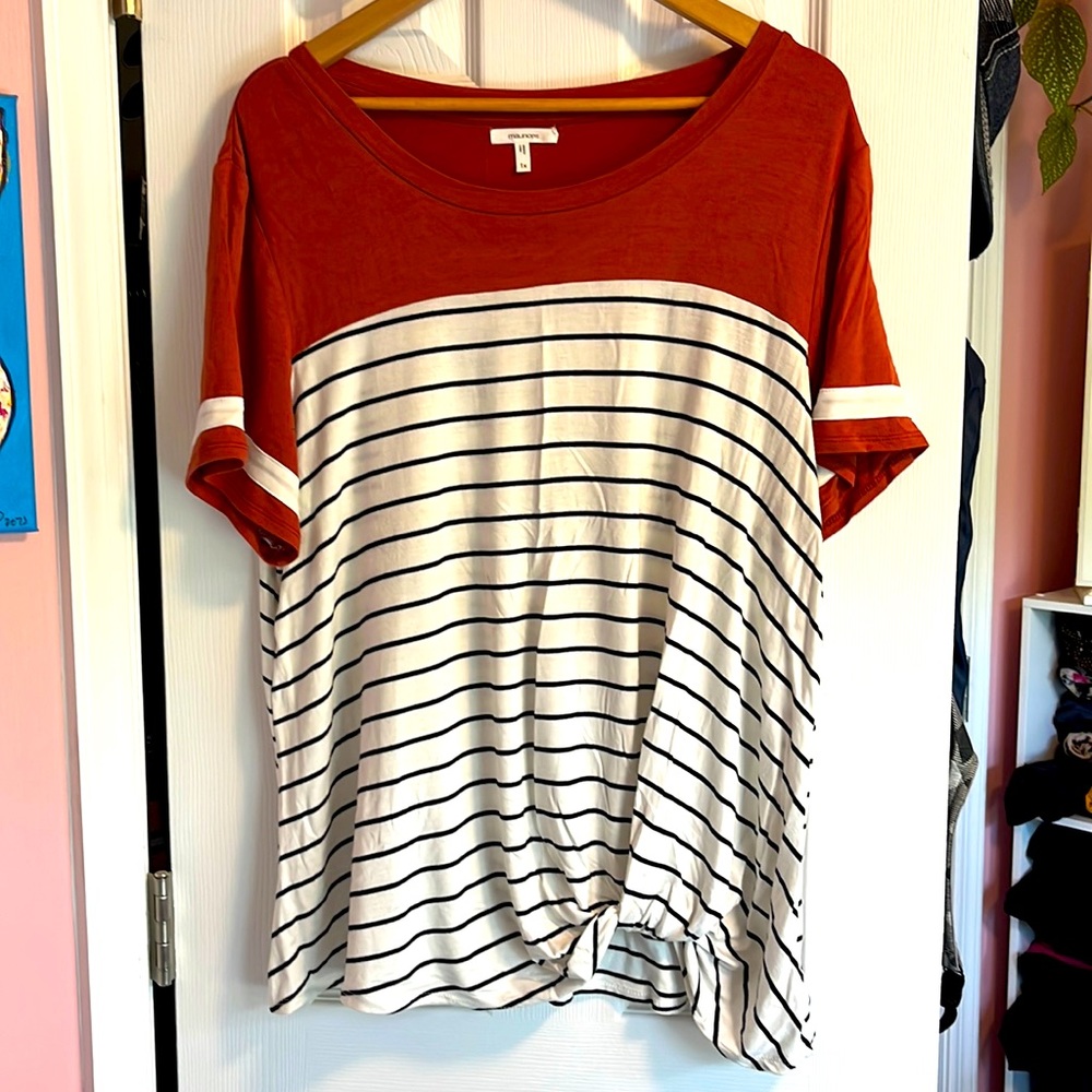Maurices size 1x tie front tee, black and white striped with orange/peach! Soft!